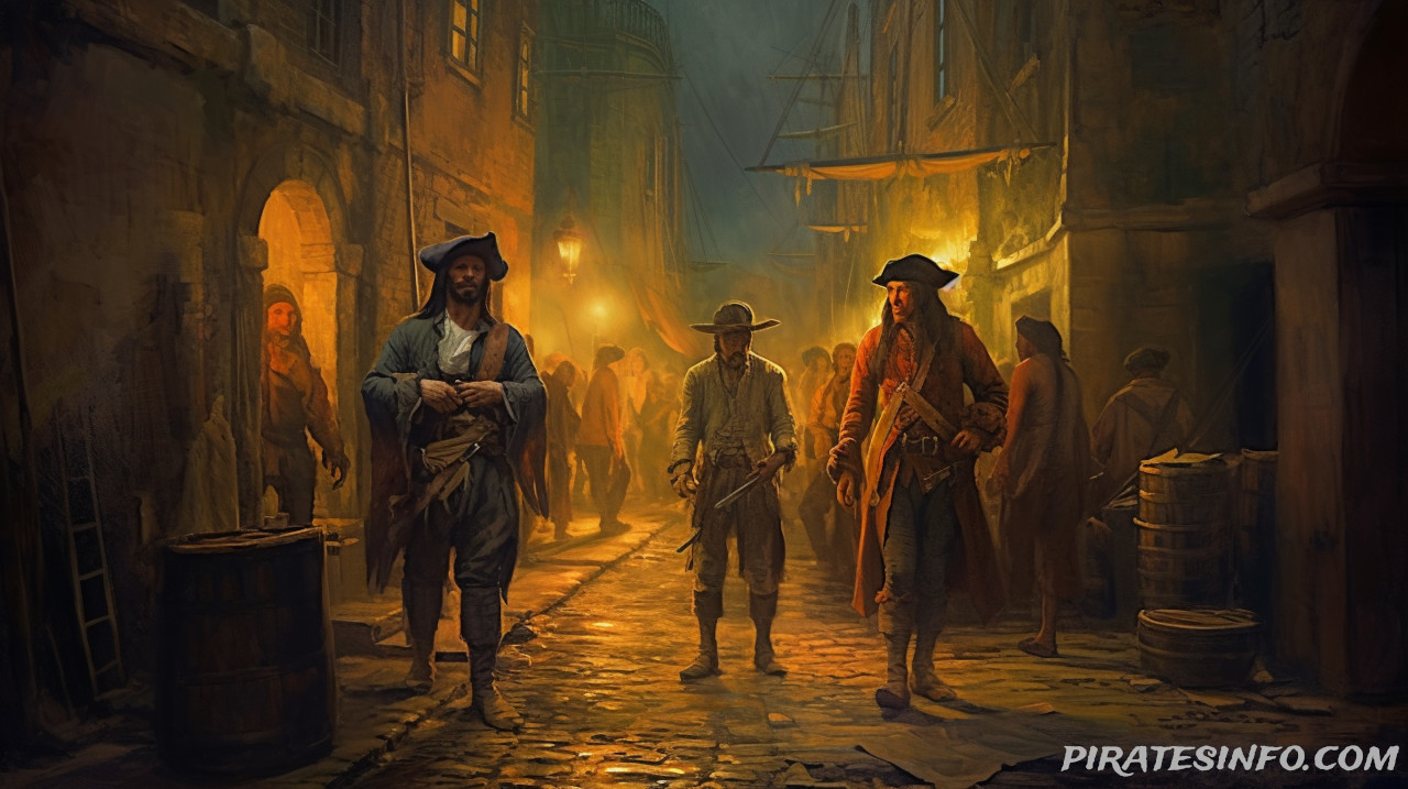 Several pirates walking down a creepy foreboding alleyway.