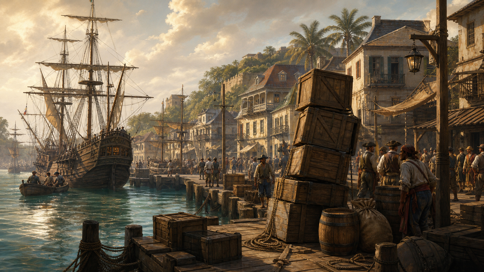 Port Royal at its height, crowded with ships, taverns, merchants, and danger.