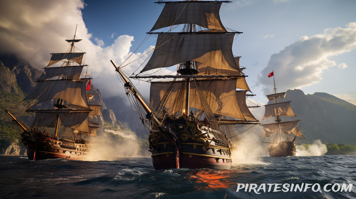 A photo of 3 pirate galleon type ships battling.