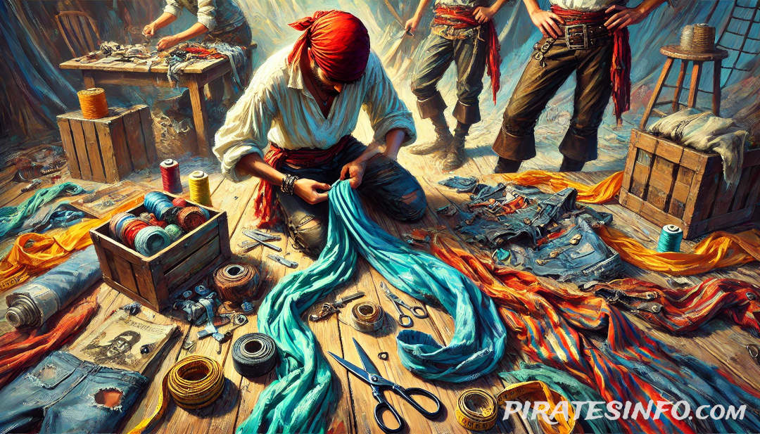 a man makes a pirate costume while his friends watch