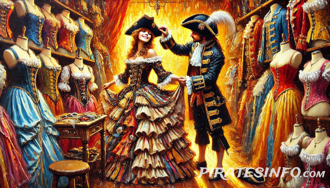 A couple try on pirate costumes