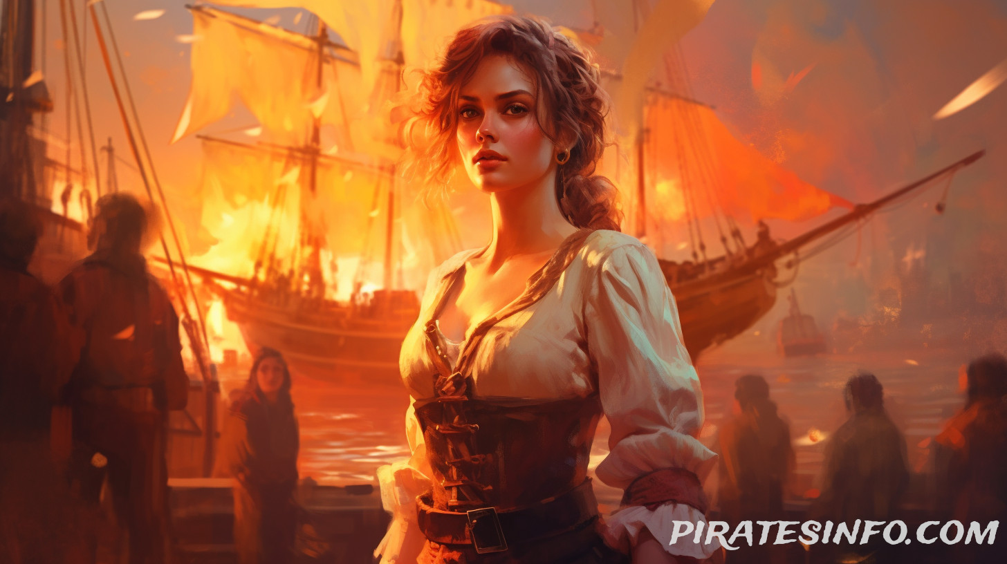 an illustration of a pirate and in the background a ship that has been blown up.