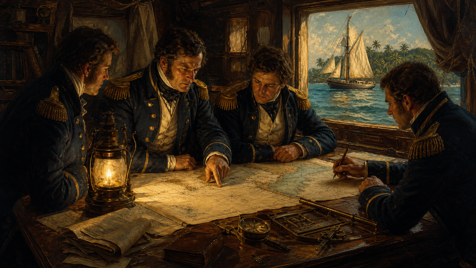 Oil painting of officers studying a lantern-lit map during America's campaign against Cuban pirates.