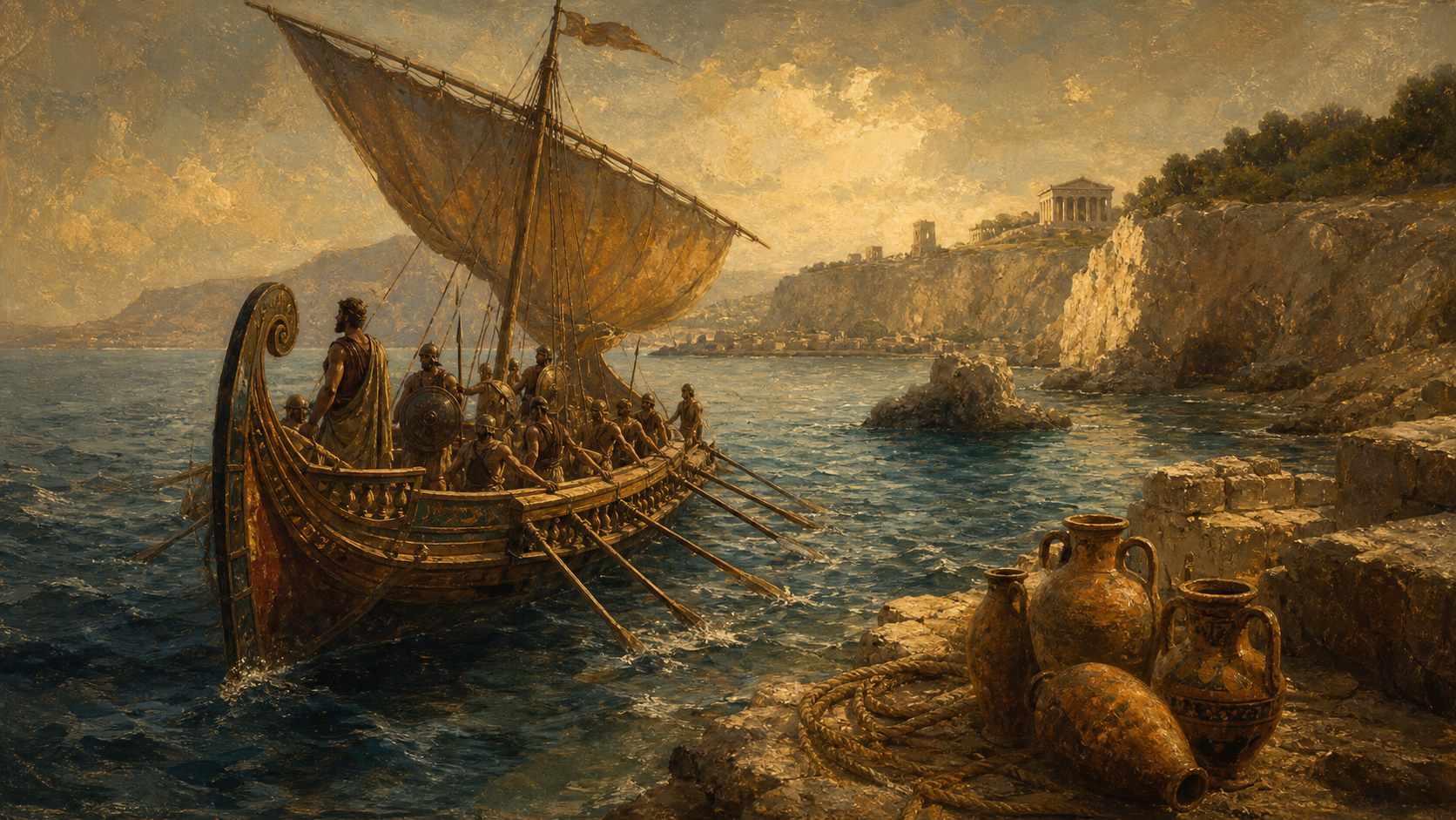 Oil painting of ancient Mediterranean raiders approaching a rocky coast in a classical vessel.