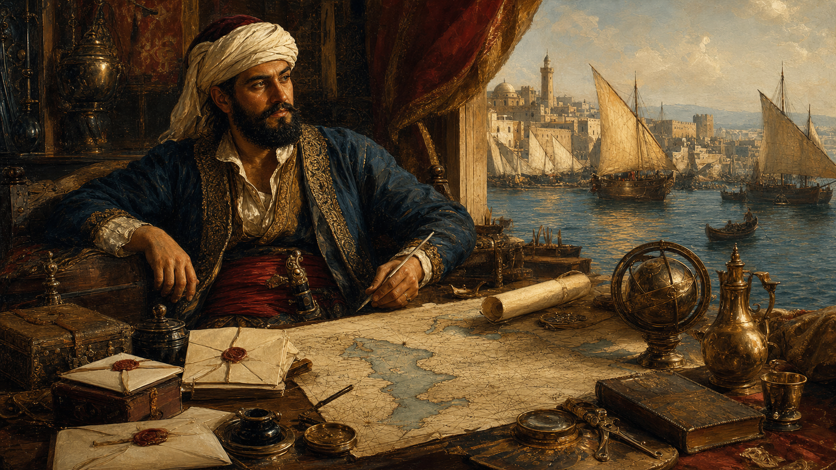 Oil painting of a Barbary corsair at a desk with charts, seals, and harbor ships behind him.