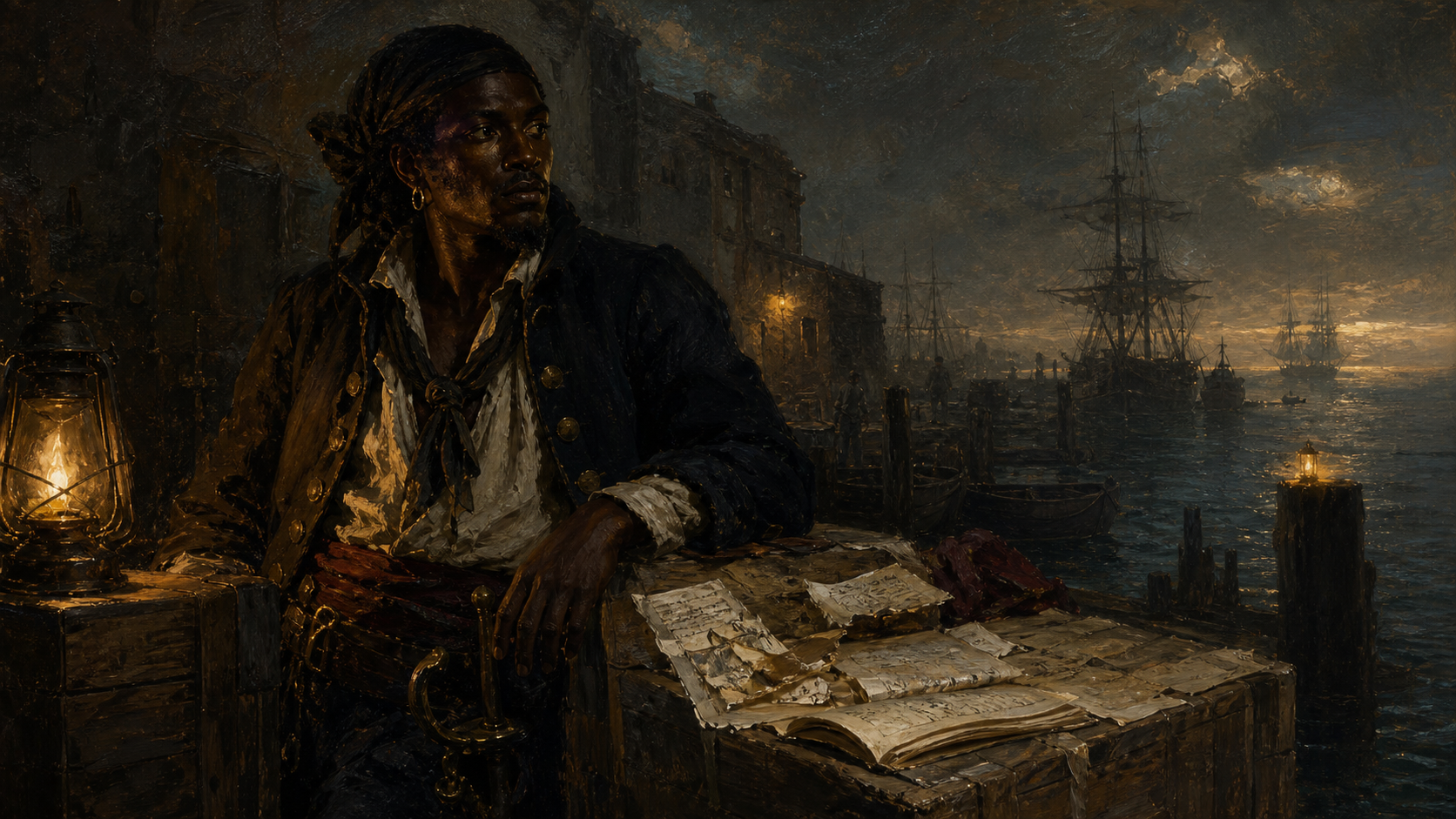 Oil painting of Black Caesar as a guarded historical figure beside sparse records and harbor shadows.
