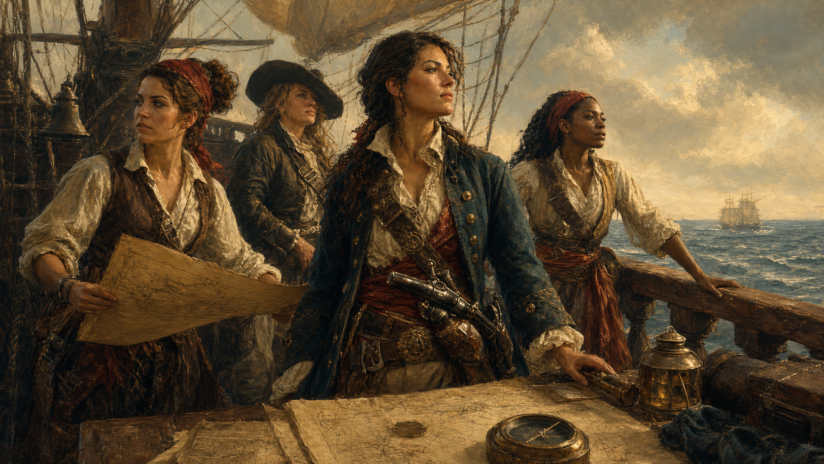 Oil painting of women pirates and maritime records on a ship deck.