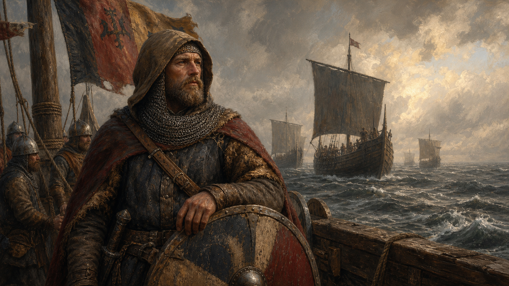 Oil painting of a medieval sea raider standing before dark sails on a windswept deck.