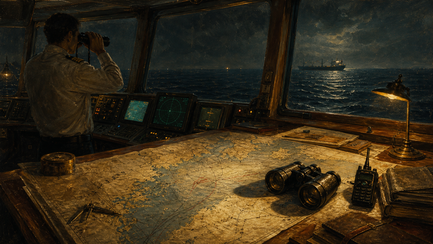Oil painting of a modern maritime watch desk with charts and screens overlooking dark shipping lanes.