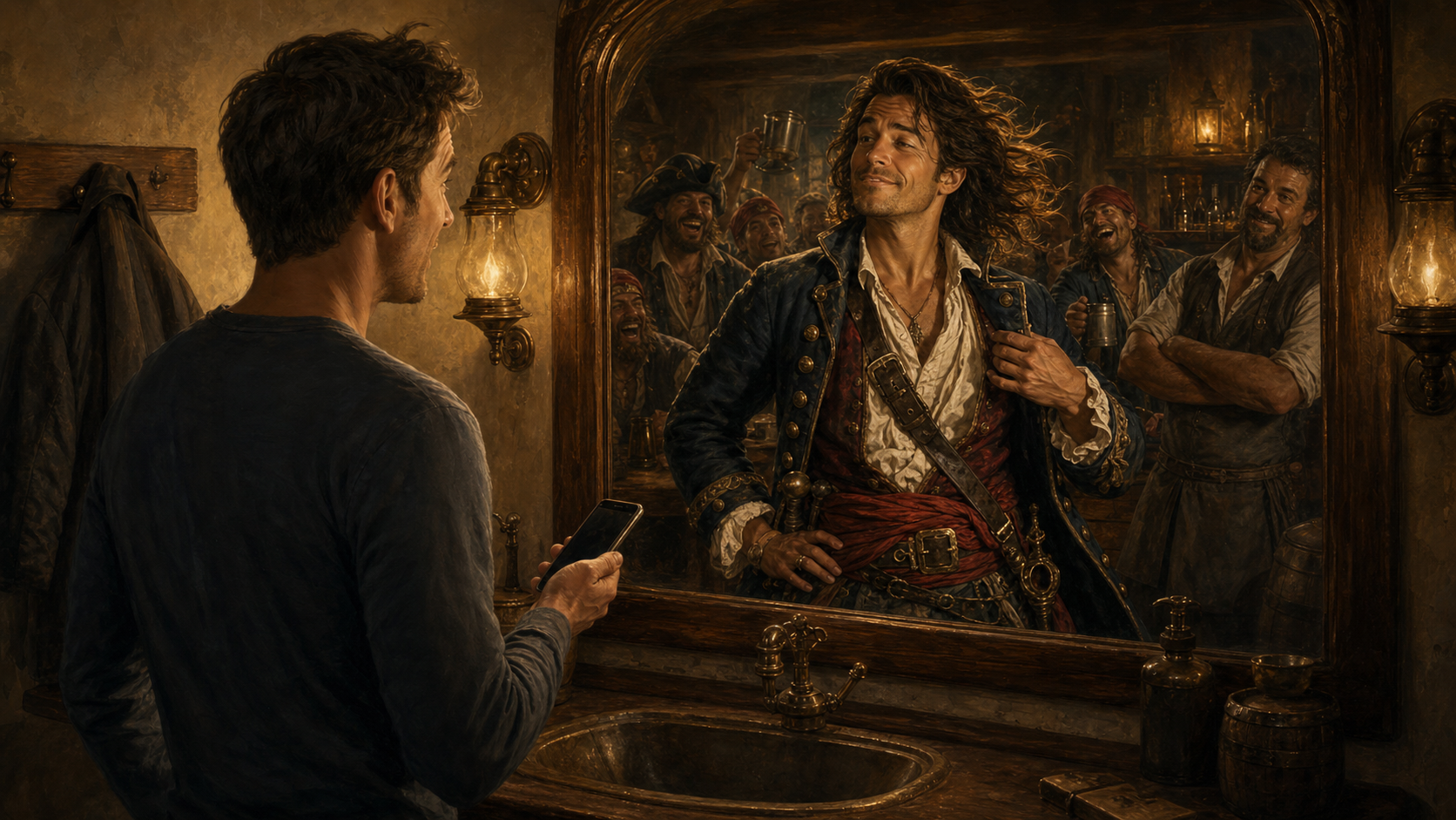 Pirate speech practice in a mirror.