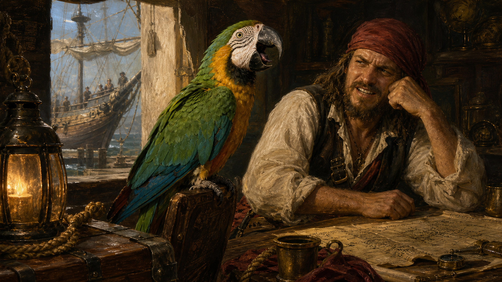 Pirate parrot perched near a sailor's table.