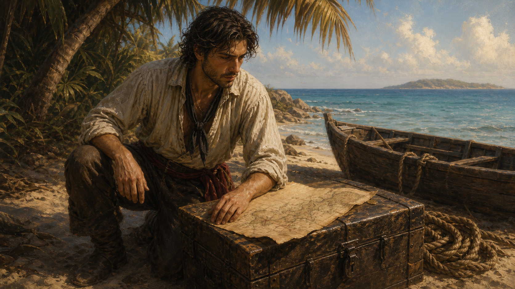 Pirate treasure myth with sea chest and map.
