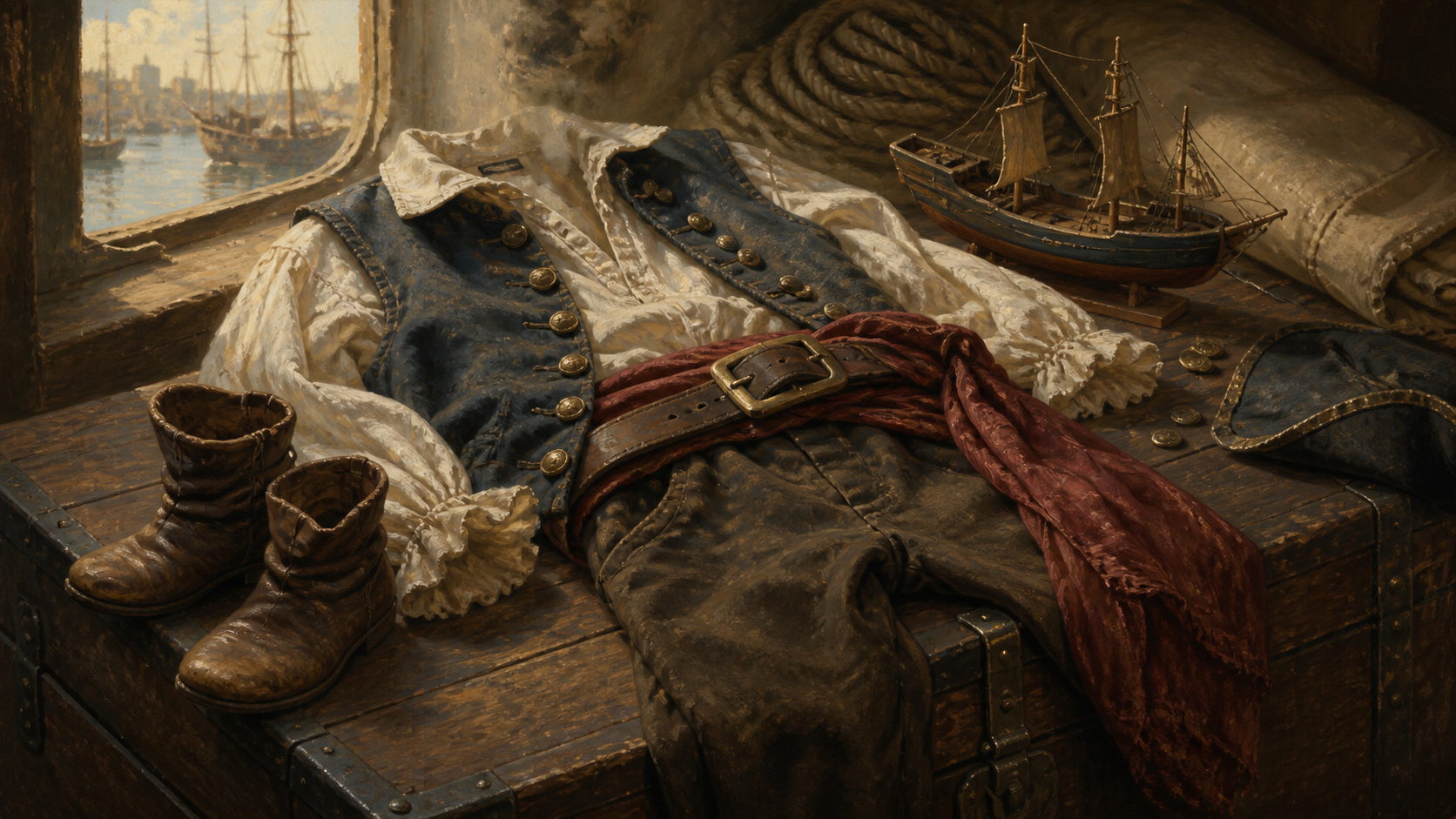 Oil painting of a boy's pirate costume laid out with boots, sash, and seafaring props.