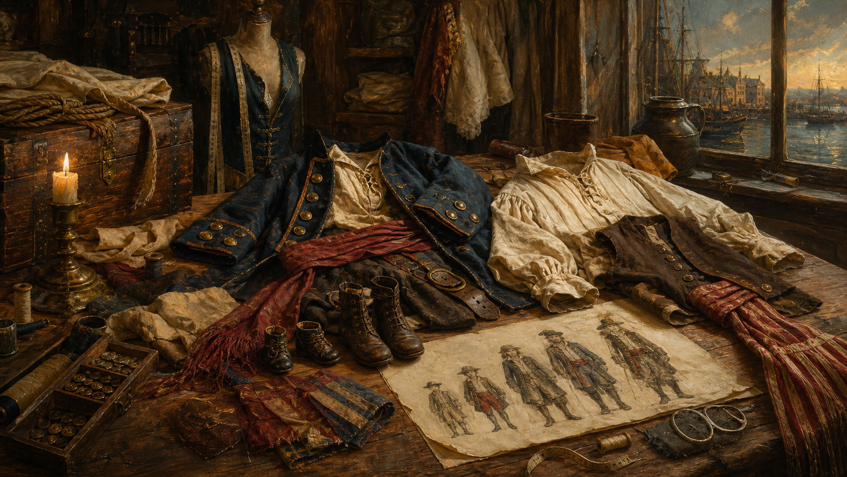 Oil painting of pirate costumes for every age arranged in a maritime tailor workshop.