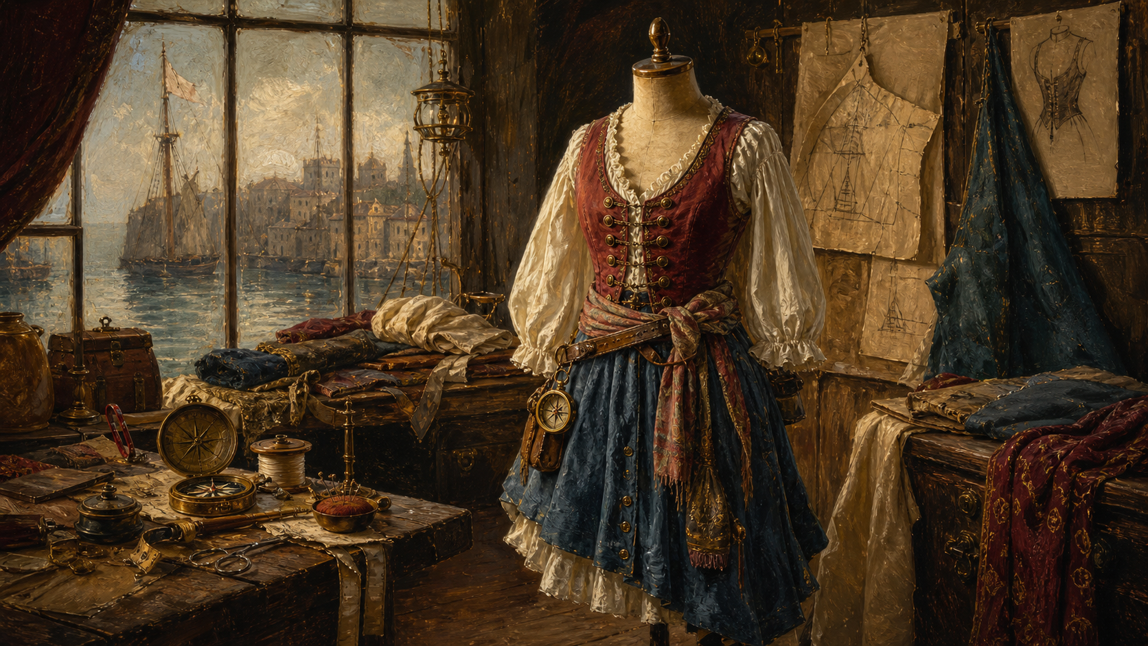 Oil painting of a girl's pirate costume displayed in a warm maritime dressing room.
