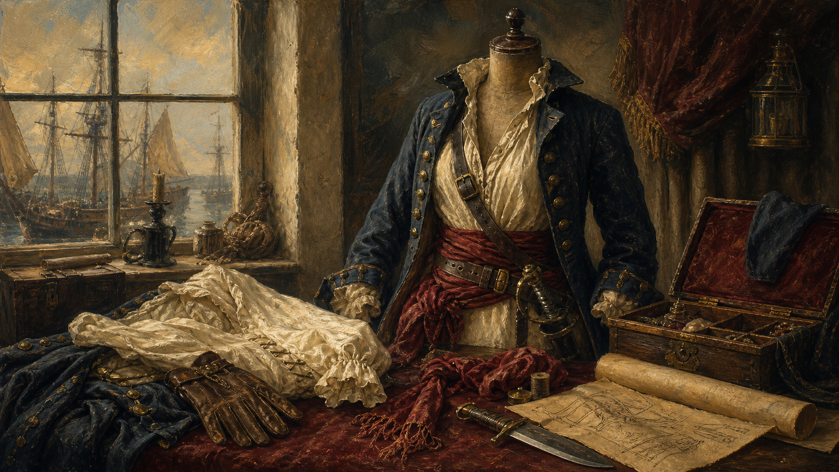 Oil painting of a women's pirate costume arranged in a refined age-of-sail cabin.