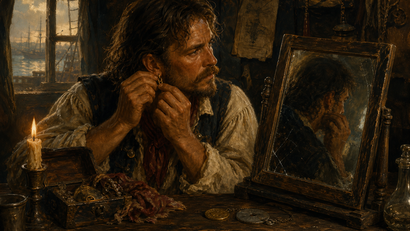 Oil painting of a sailor examining an earring beside maritime journals and candlelight.