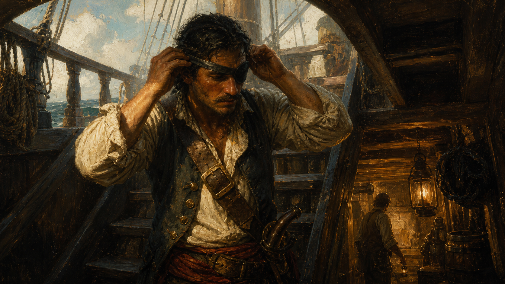 Oil painting of a sailor with an eye patch reflected in a cabin mirror, separating myth from reality.