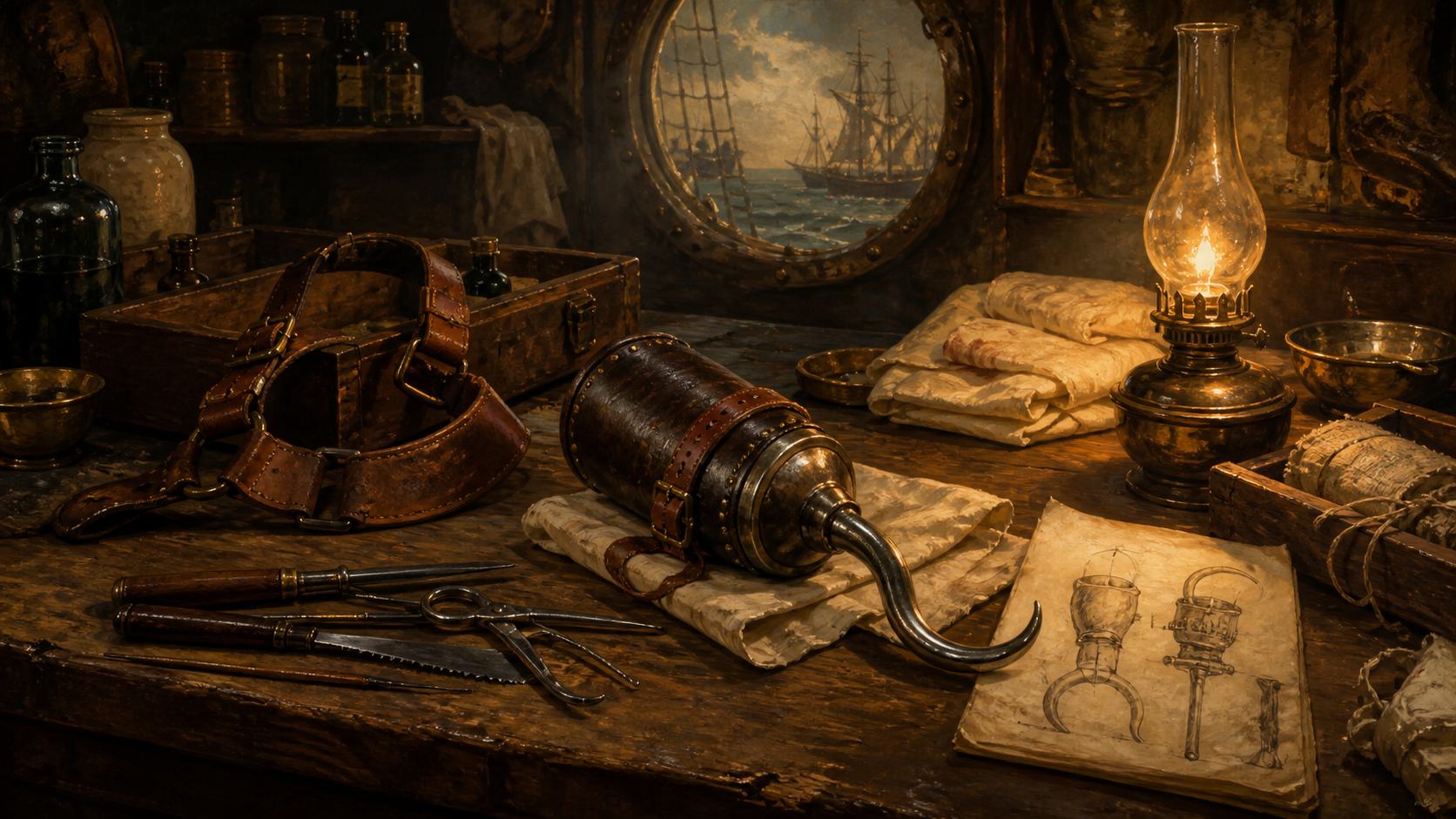 Oil painting of hooks, prosthetics, tools, and shipboard medical notes on a captain's desk.