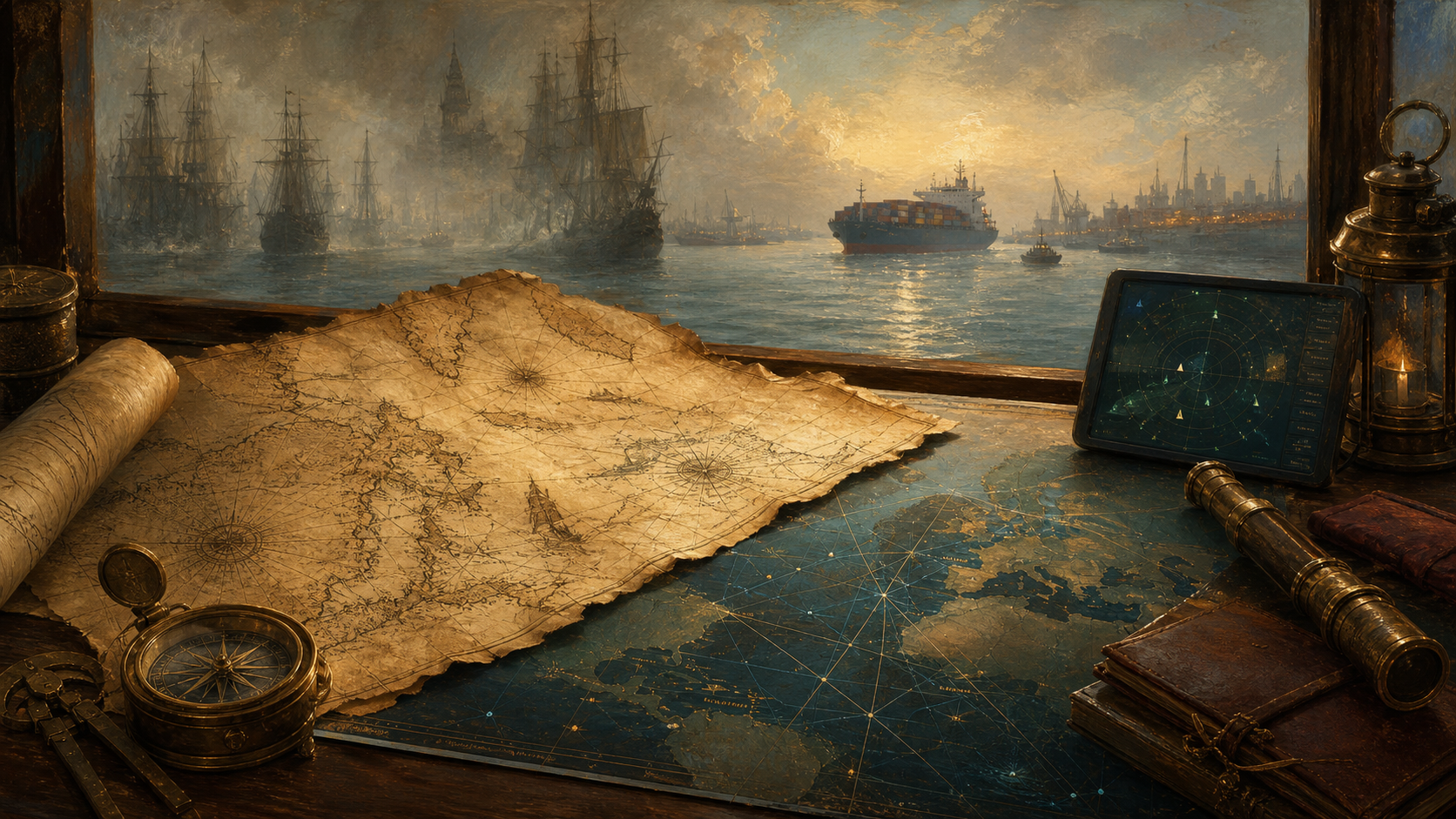 Oil painting of a modern shipping route map and distant vessels at sea.