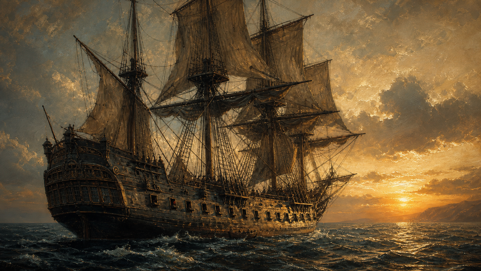 Oil painting of Queen Anne's Revenge sailing in dramatic golden maritime light.