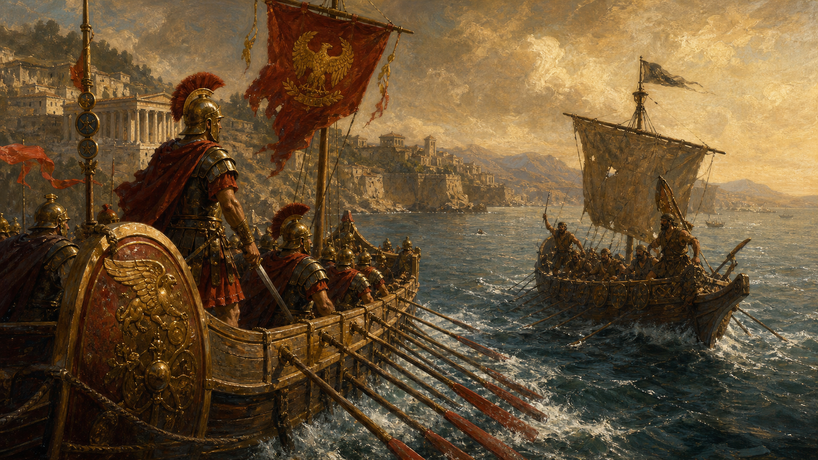 Oil painting of Roman-era Mediterranean ships and soldiers confronting piracy at sea.