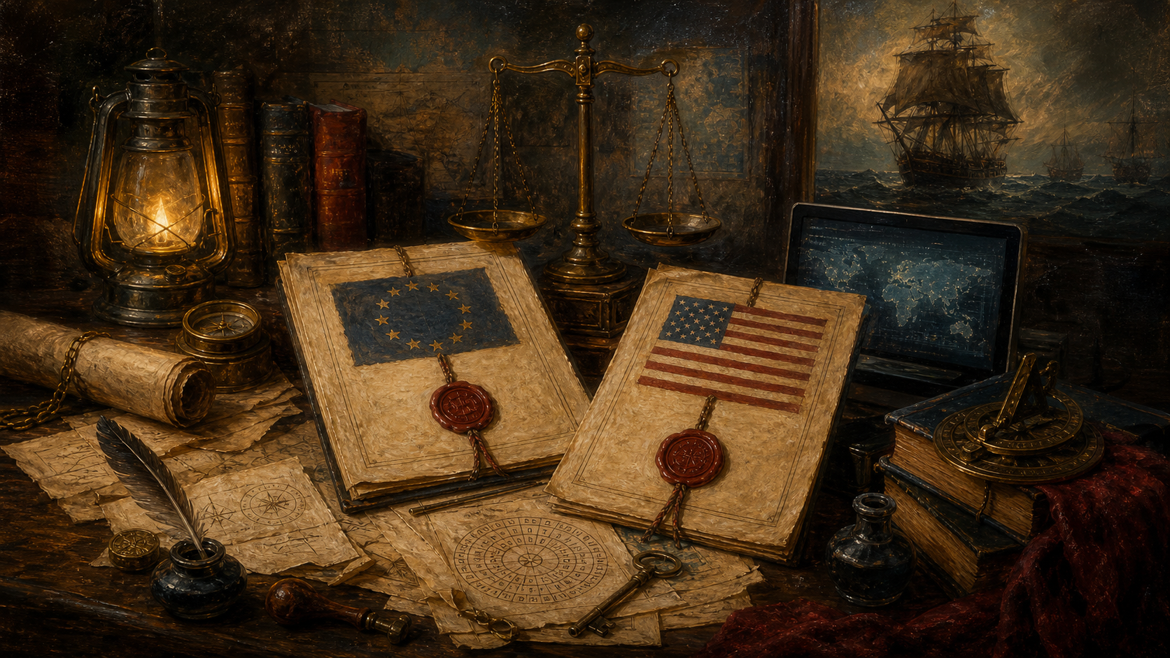 Oil painting of copyright documents, seals, and a glowing screen in a maritime legal study.