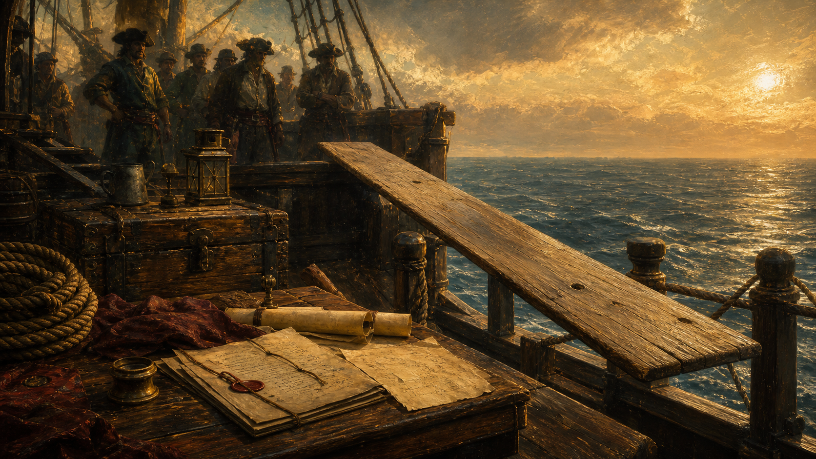 Oil painting of a shipboard plank extending over the sea at sunset.