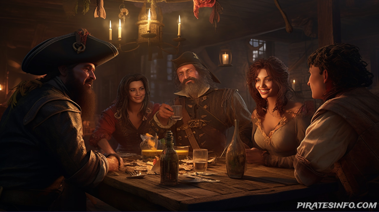 A group of pirates sitting at a bar