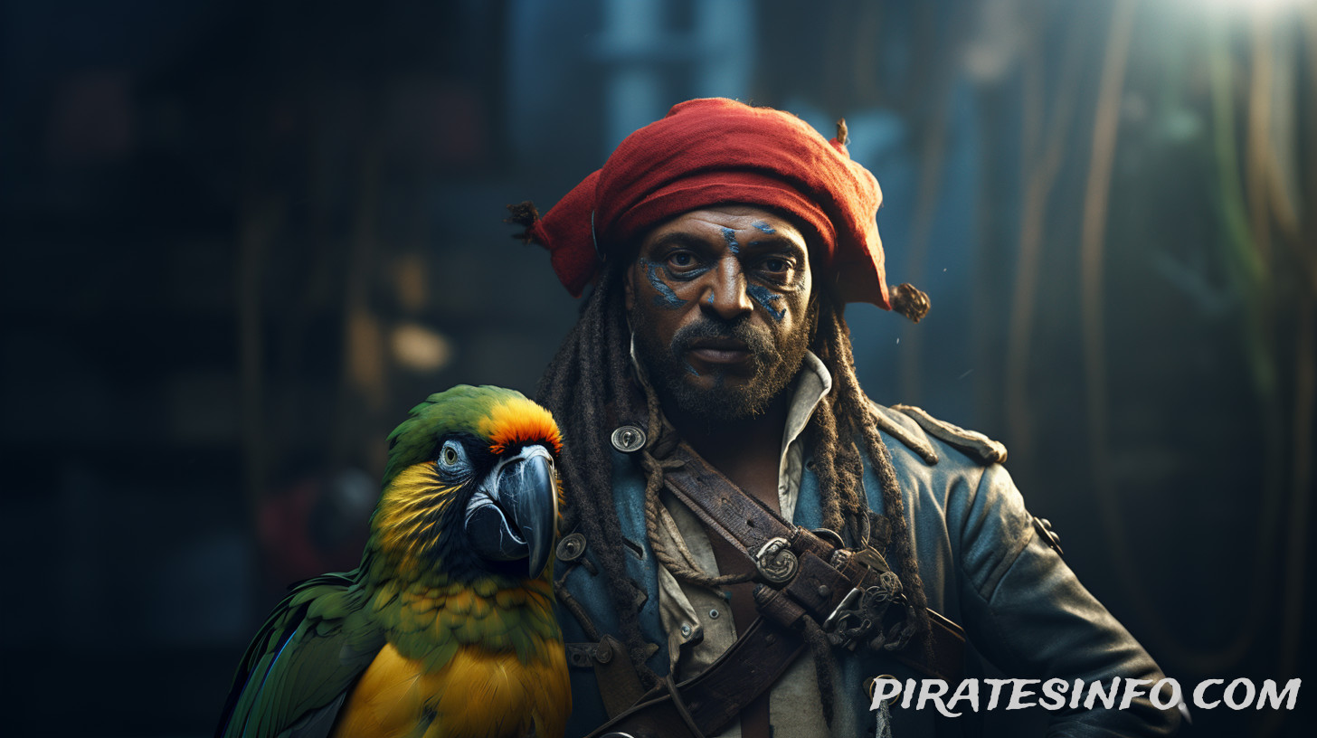 A knowing parrot sitting with of an elegant pirate.