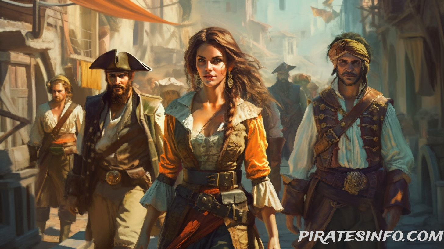 A female pirate leading a group of scourges in a port city (oil on canvas).