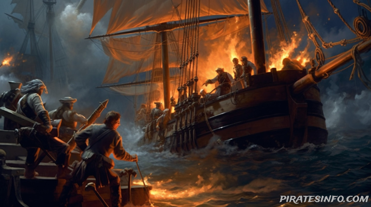 A pirate ship battling a merchant vessel.