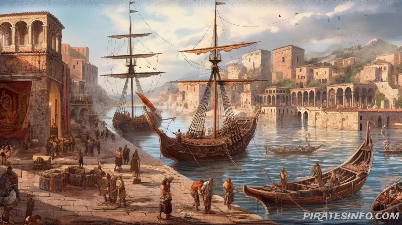 A scene of an ancient maritime harbor.