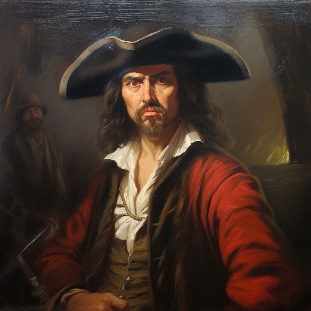 Warm realistic oil-style portrait of Jean Laffite on a Louisiana dock with ships and marsh water behind him.