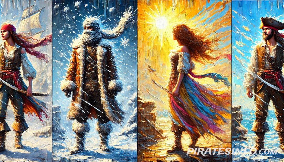 Seasonal pirate costumes illustrated in individual panels