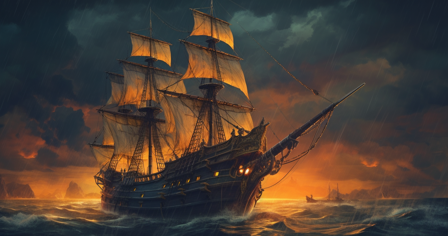 Old style oil painting of two age-of-sail ships closing for boarding in smoke and rough water.