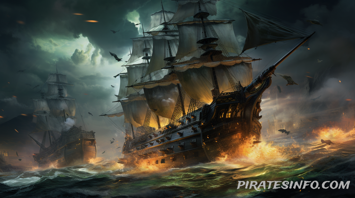 A powerful galleon navigates treacherous waters.